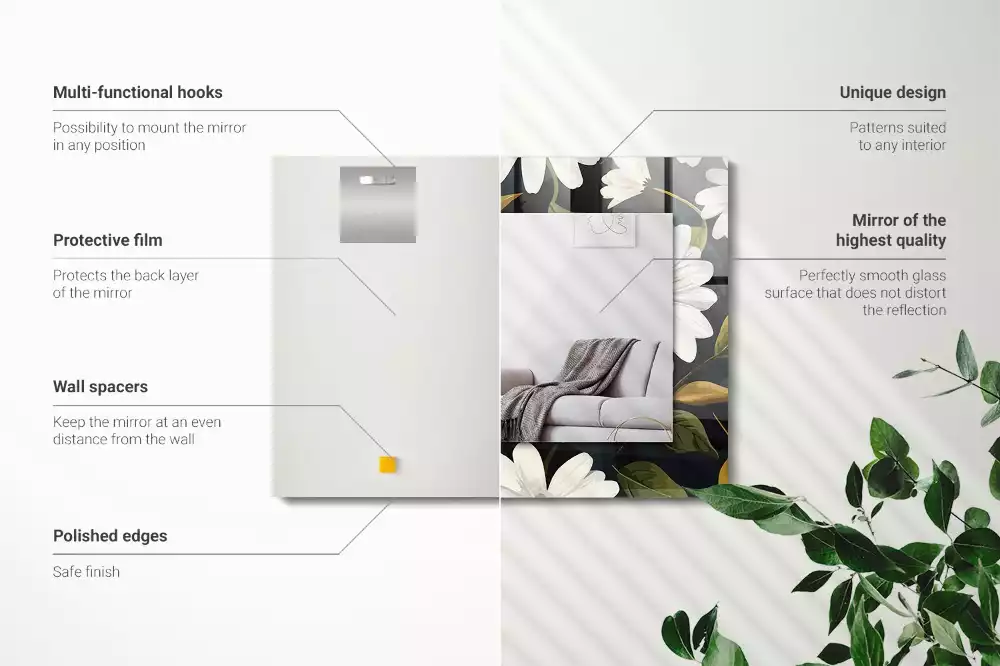 Lustro prostokątne z nadrukiem w białe stokrotki i liście