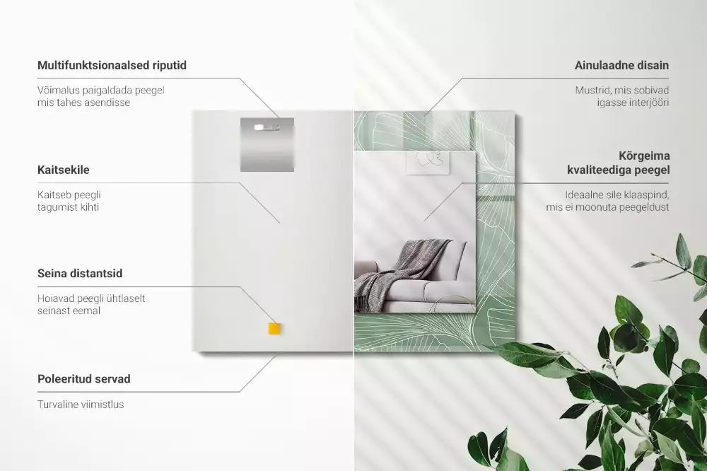 Lustro dekoracyjne z nadrukiem przedstawiającym liście miłorzębu