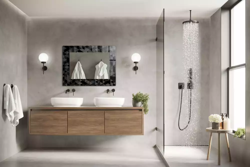 Lustro z nadrukiem z czarno-szarym wzorem trójkątów