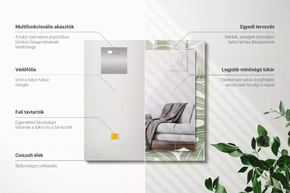 Lustro dekoracyjne prostokątne z nadrukiem przedstawiającym liście monstery