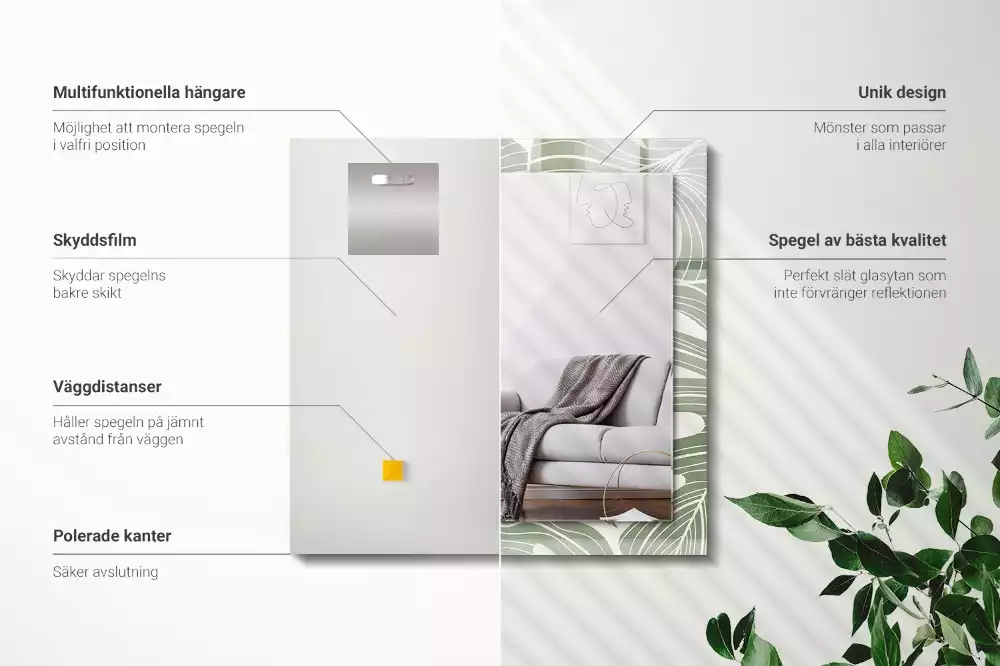 Lustro dekoracyjne prostokątne z nadrukiem przedstawiającym liście monstery