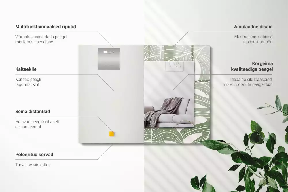 Lustro dekoracyjne prostokątne z nadrukiem przedstawiającym liście monstery