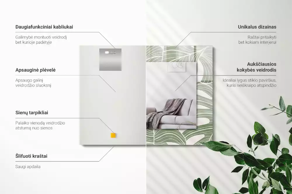Lustro dekoracyjne prostokątne z nadrukiem przedstawiającym liście monstery