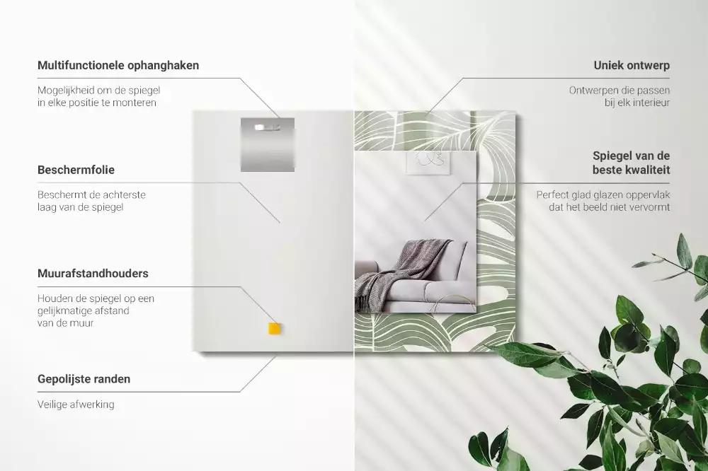 Lustro dekoracyjne prostokątne z nadrukiem przedstawiającym liście monstery