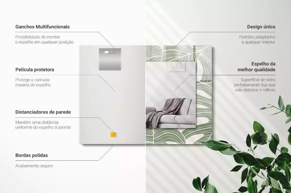 Lustro dekoracyjne prostokątne z nadrukiem przedstawiającym liście monstery