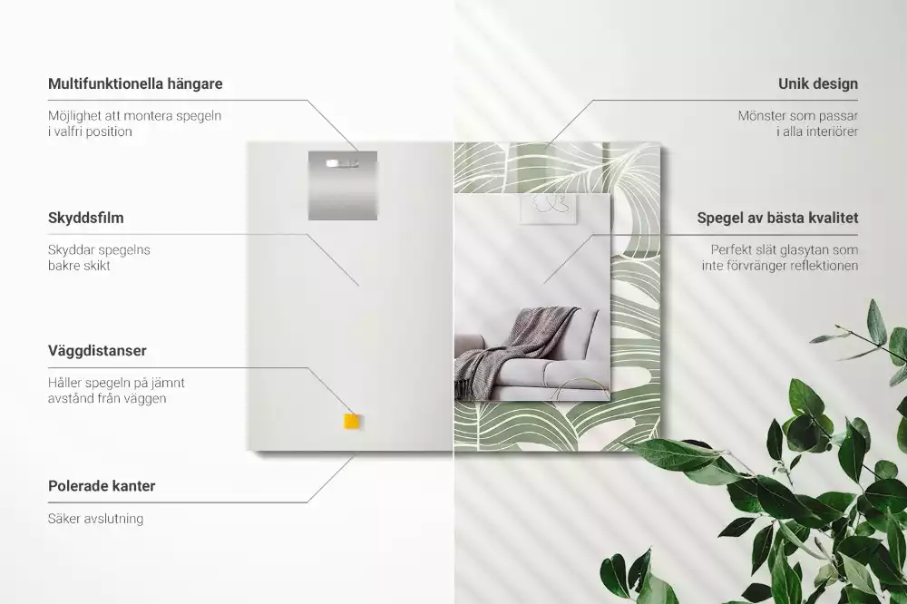 Lustro dekoracyjne prostokątne z nadrukiem przedstawiającym liście monstery