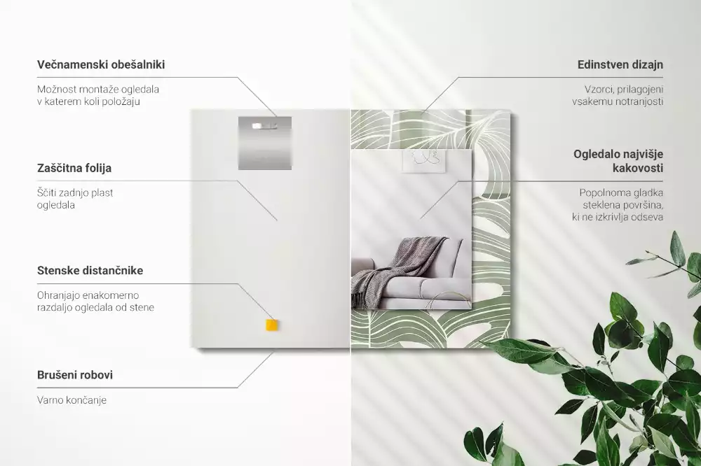 Lustro dekoracyjne prostokątne z nadrukiem przedstawiającym liście monstery