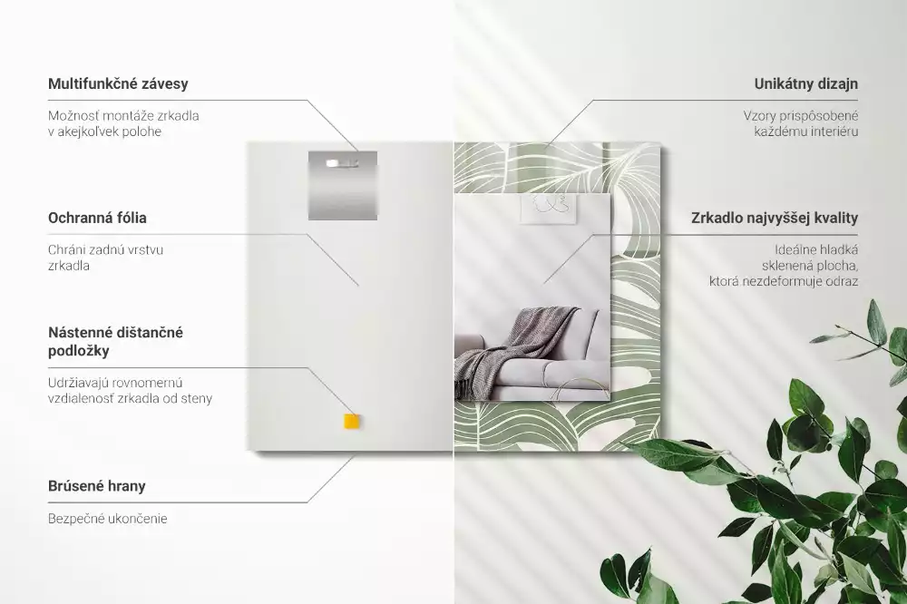 Lustro dekoracyjne prostokątne z nadrukiem przedstawiającym liście monstery