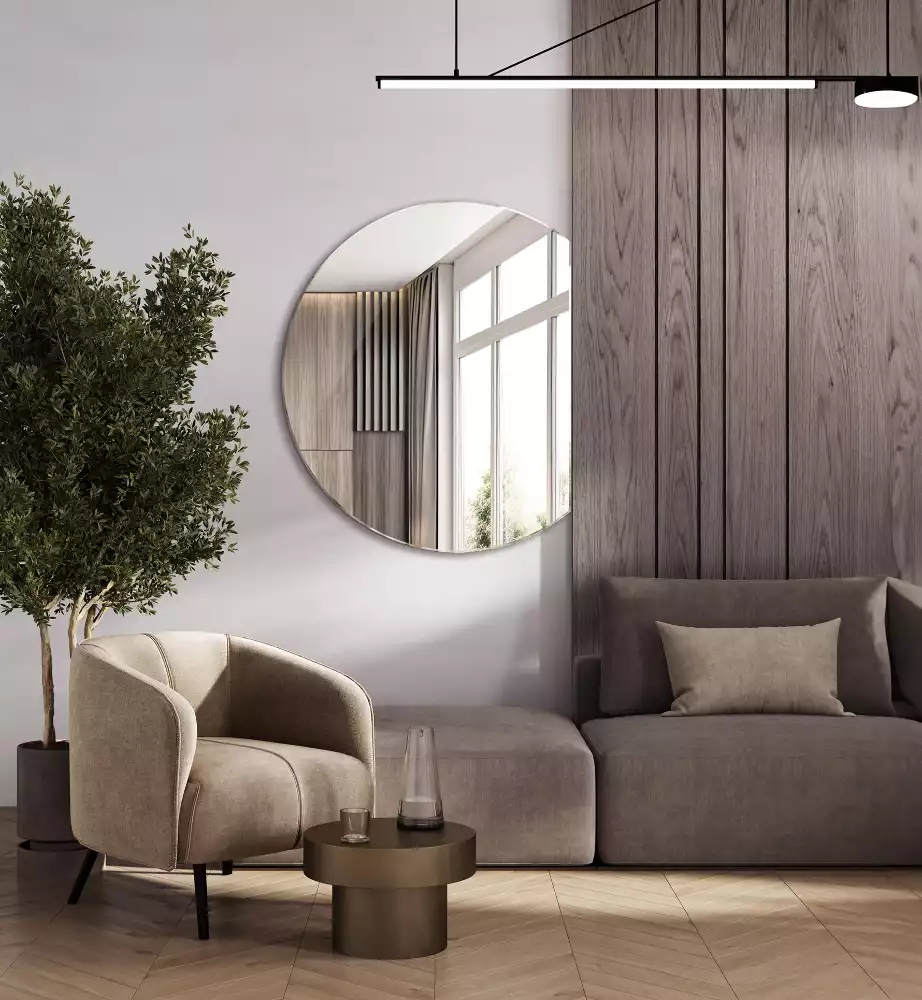 Lustro ścięte w kształcie koła, oryginalny dodatek do wnętrza