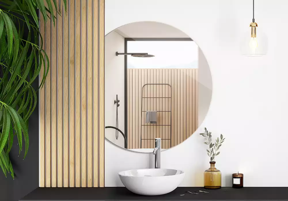 Lustro ścięte w kształcie koła, oryginalny dodatek do wnętrza