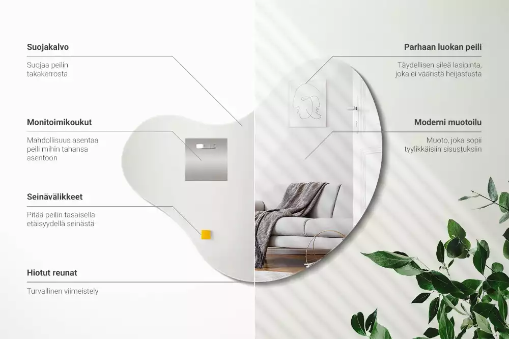 Lustro w organicznym kształcie bez ramy przeznaczone do zawieszenia