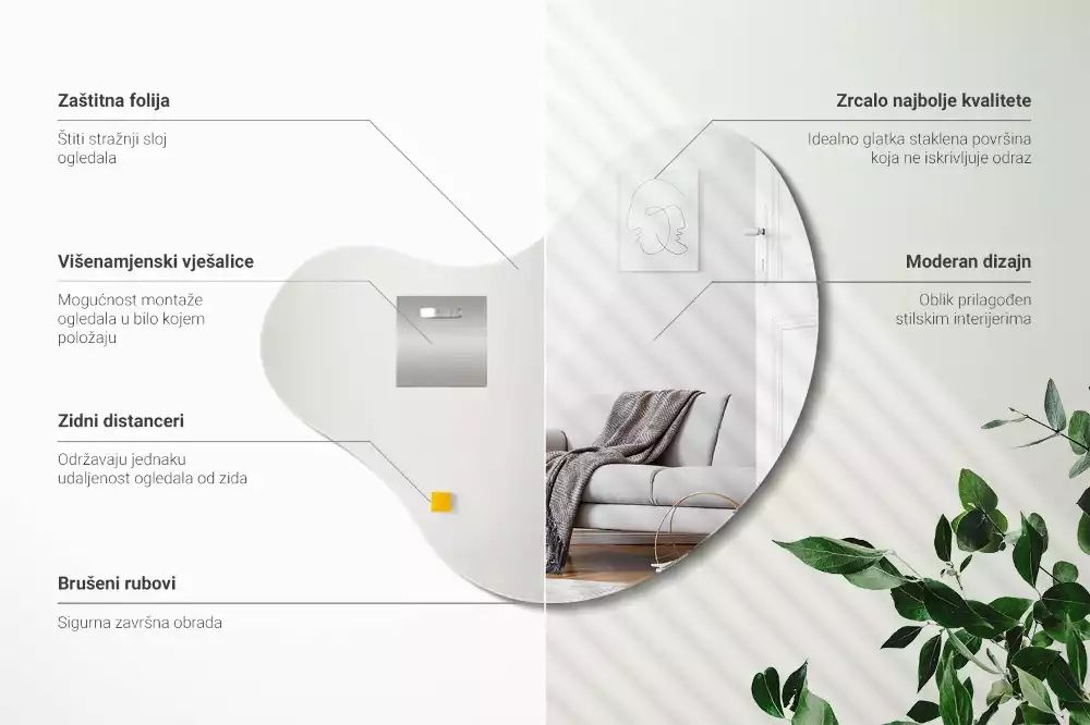 Lustro w organicznym kształcie bez ramy przeznaczone do zawieszenia