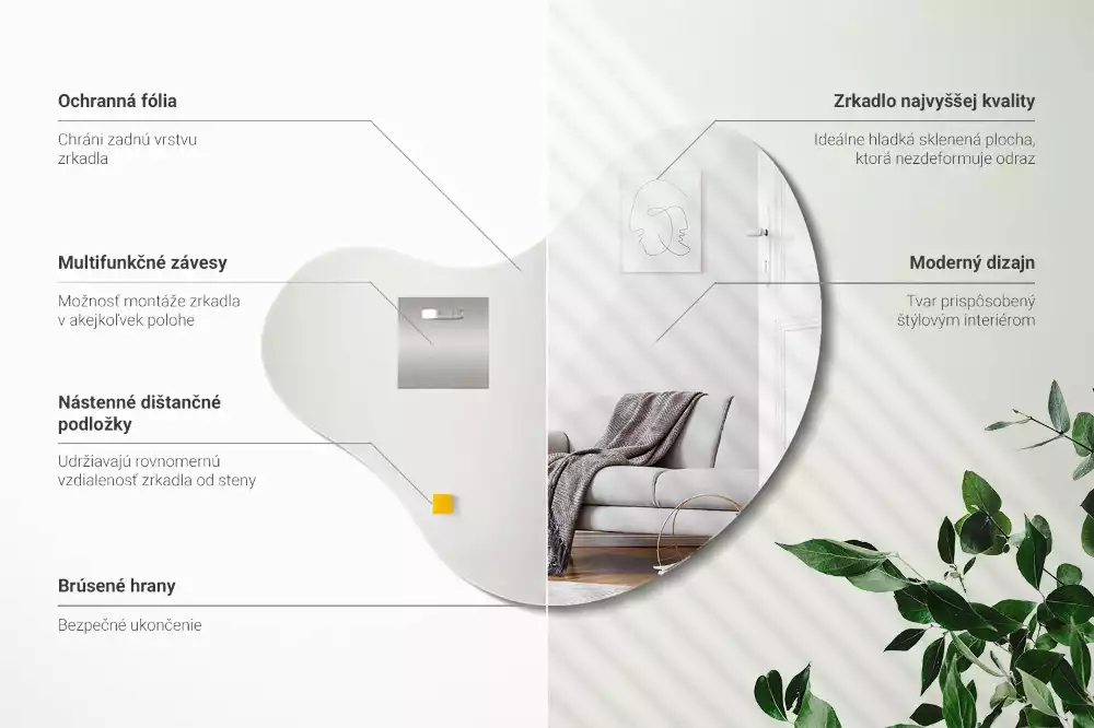 Lustro w organicznym kształcie bez ramy przeznaczone do zawieszenia